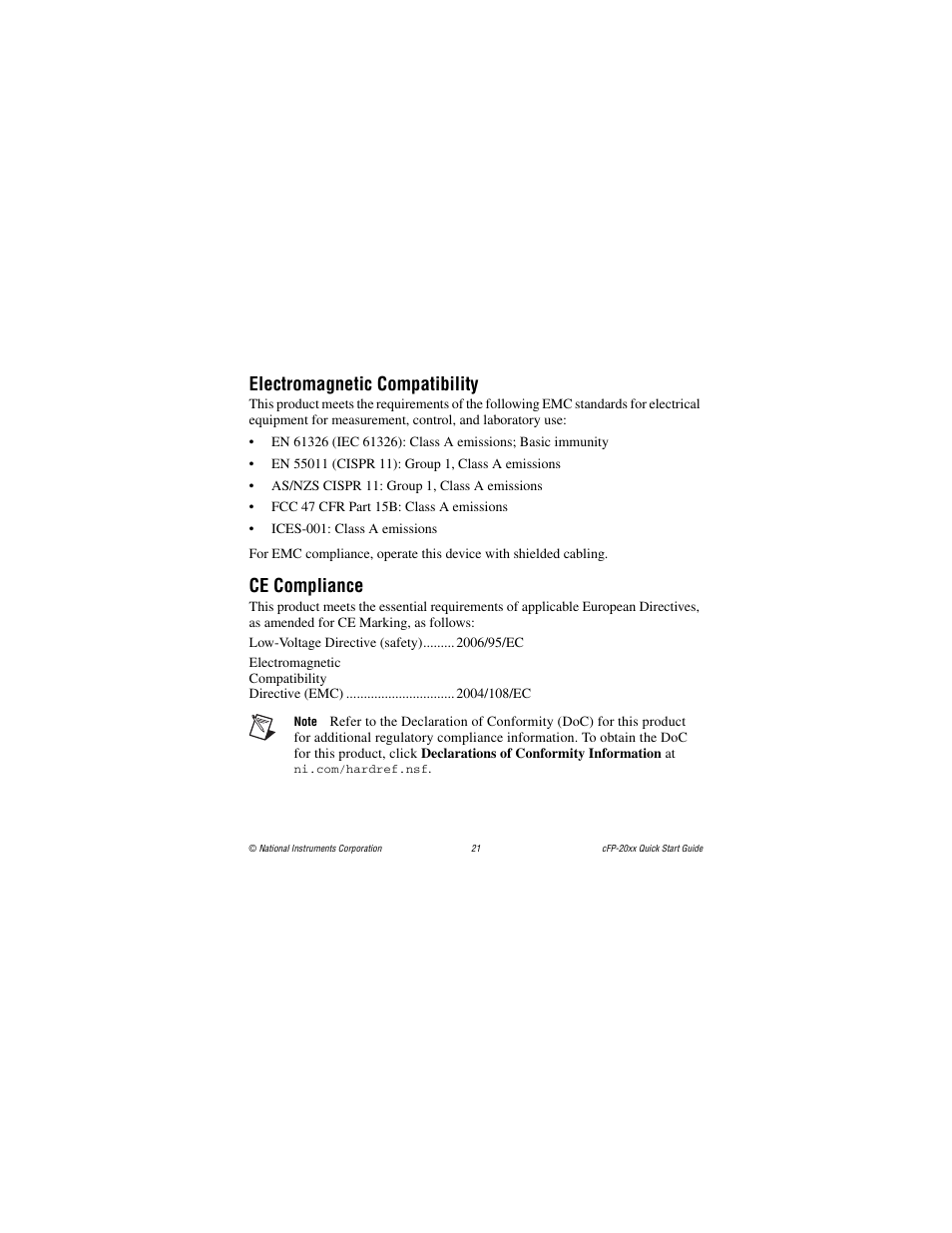 Electromagnetic compatibility, Ce compliance | National Instruments cFP-20xx User Manual | Page 21 / 24