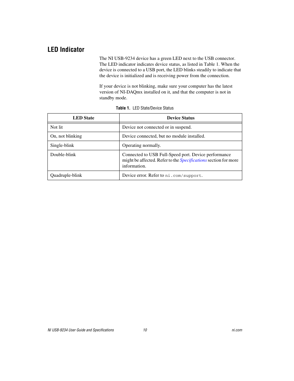 Led indicator, Table 1. led state/device status | National Instruments NI USB-9234 User Manual | Page 10 / 23