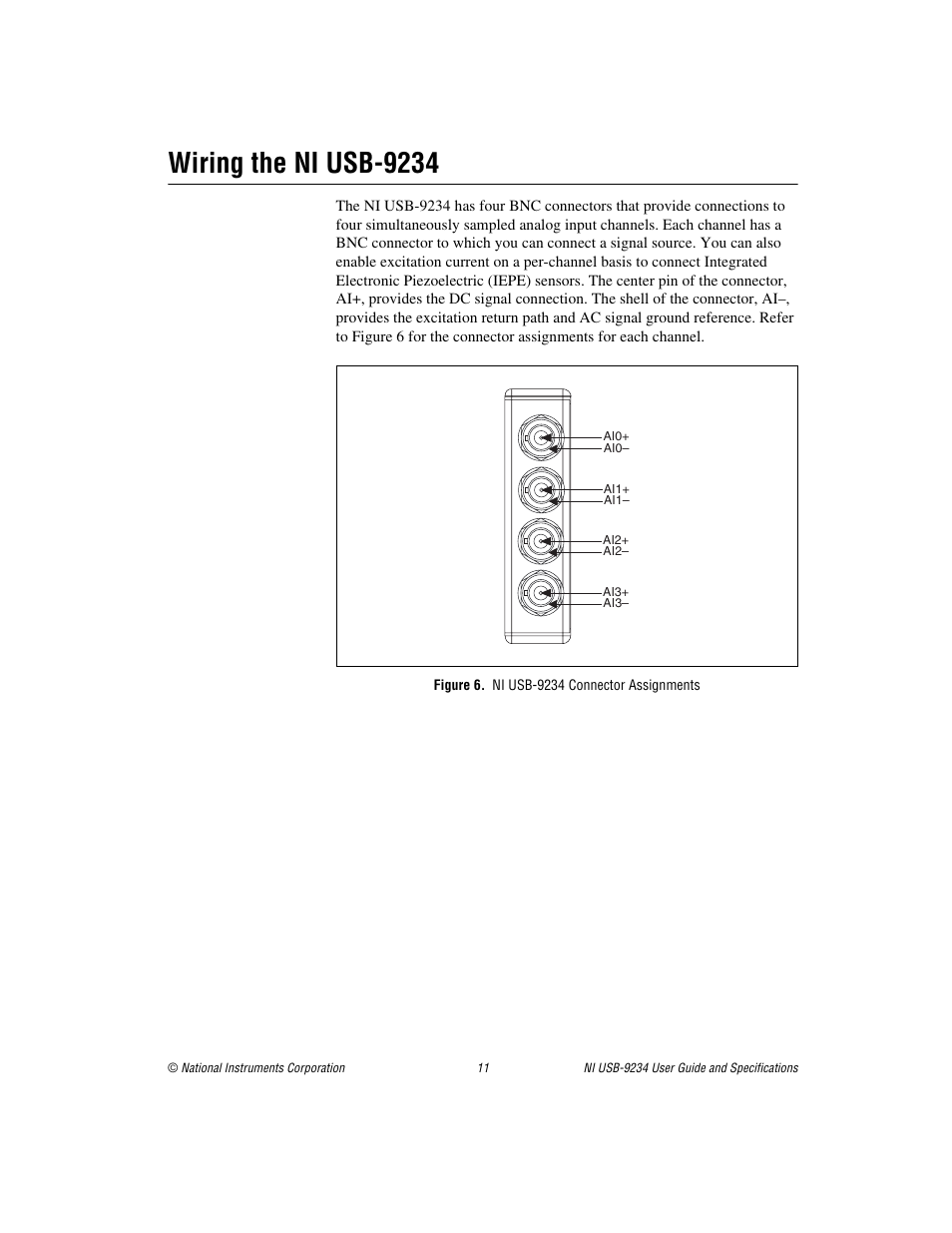 Wiring the ni usb-9234, Figure 6. ni usb-9234 connector assignments | National Instruments NI USB-9234 User Manual | Page 11 / 23