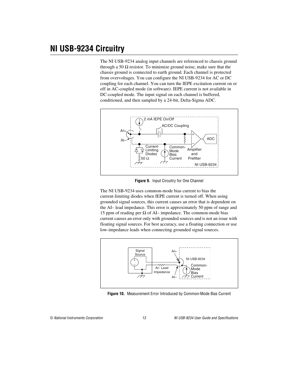 Ni usb-9234 circuitry, Figure 9. input circuitry for one channel | National Instruments NI USB-9234 User Manual | Page 13 / 23