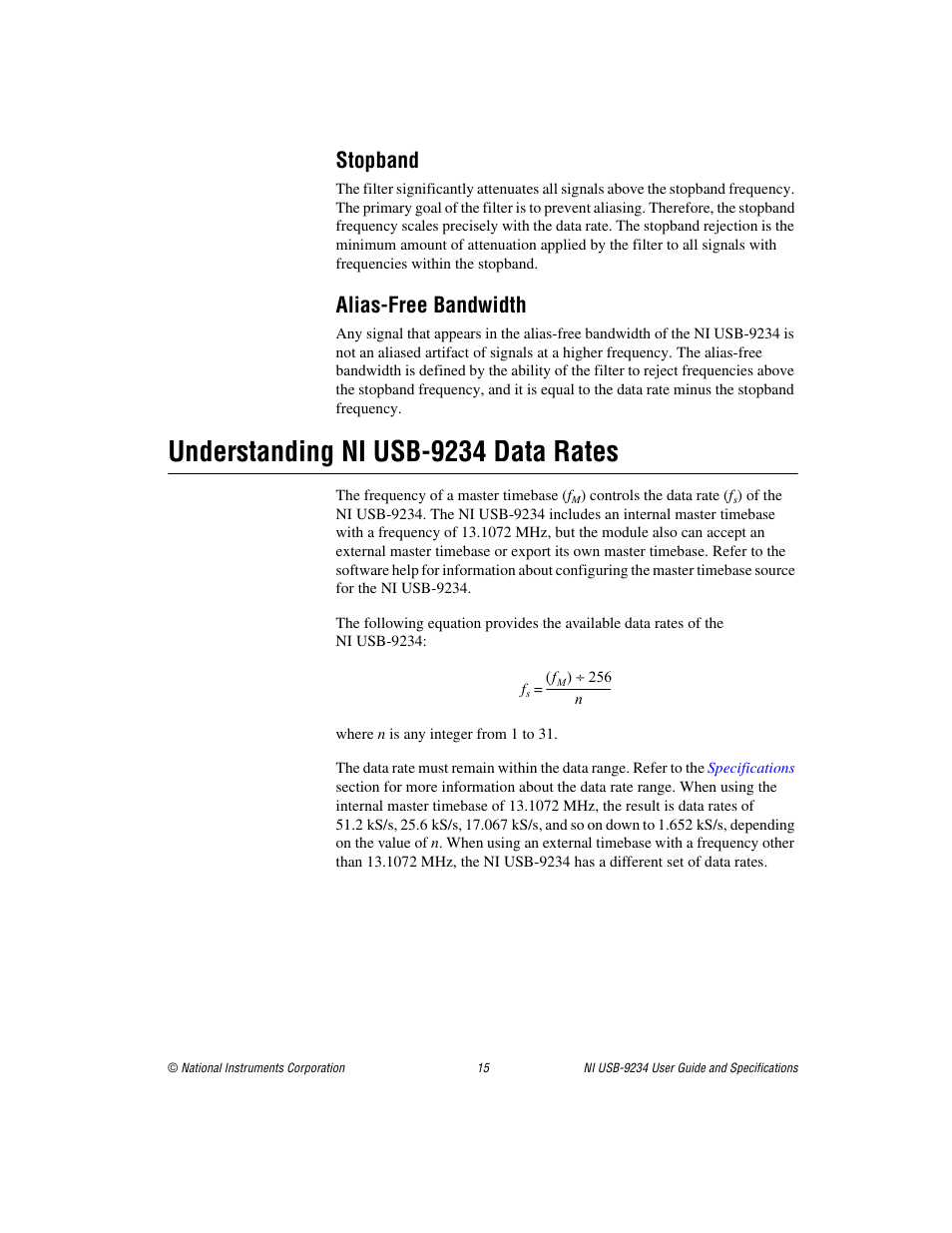 Stopband, Alias-free bandwidth, Understanding ni usb-9234 data rates | National Instruments NI USB-9234 User Manual | Page 15 / 23