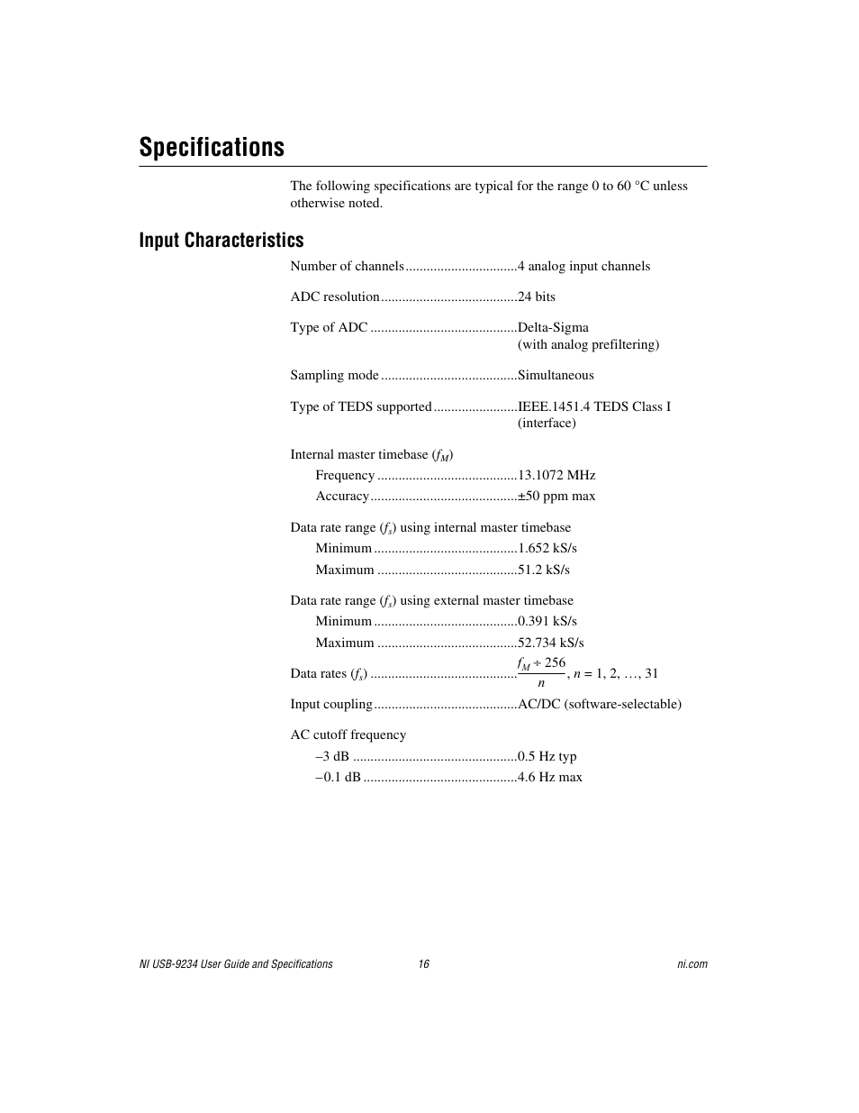 Specifications, Input characteristics | National Instruments NI USB-9234 User Manual | Page 16 / 23