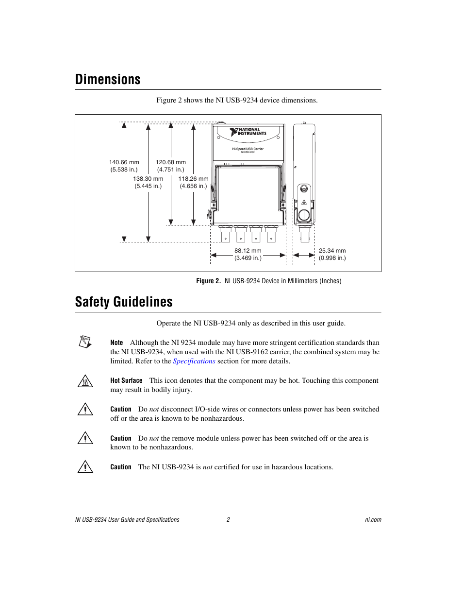 Dimensions, Safety guidelines | National Instruments NI USB-9234 User Manual | Page 2 / 23