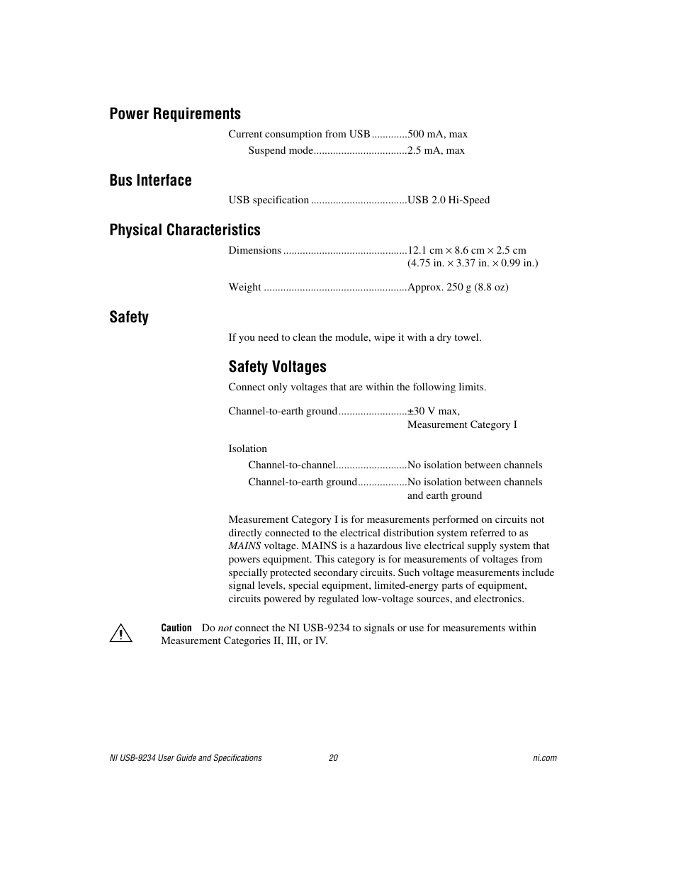 Power requirements, Bus interface, Physical characteristics | Safety, Safety voltages | National Instruments NI USB-9234 User Manual | Page 20 / 23