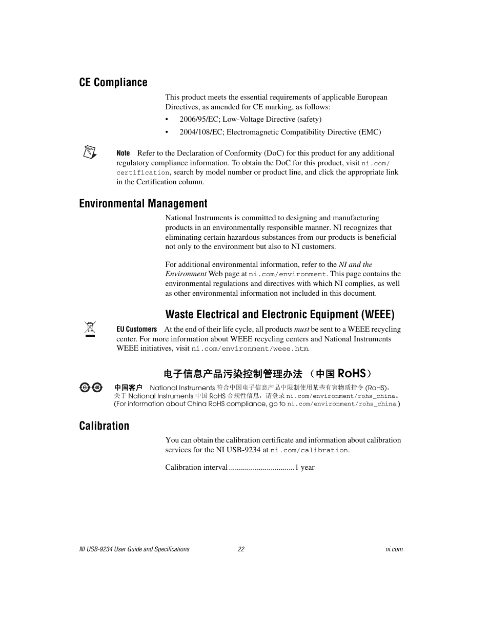 Ce compliance, Environmental management, Calibration | Rohs, Waste electrical and electronic equipment (weee), ᄤֵᙃѻક∵ᶧ᥻ࠊㅵ⧚ࡲ⊩ ˄ё | National Instruments NI USB-9234 User Manual | Page 22 / 23