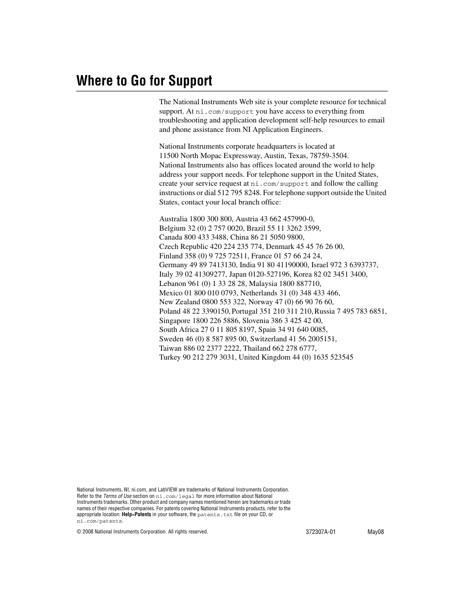 Where to go for support | National Instruments NI USB-9234 User Manual | Page 23 / 23