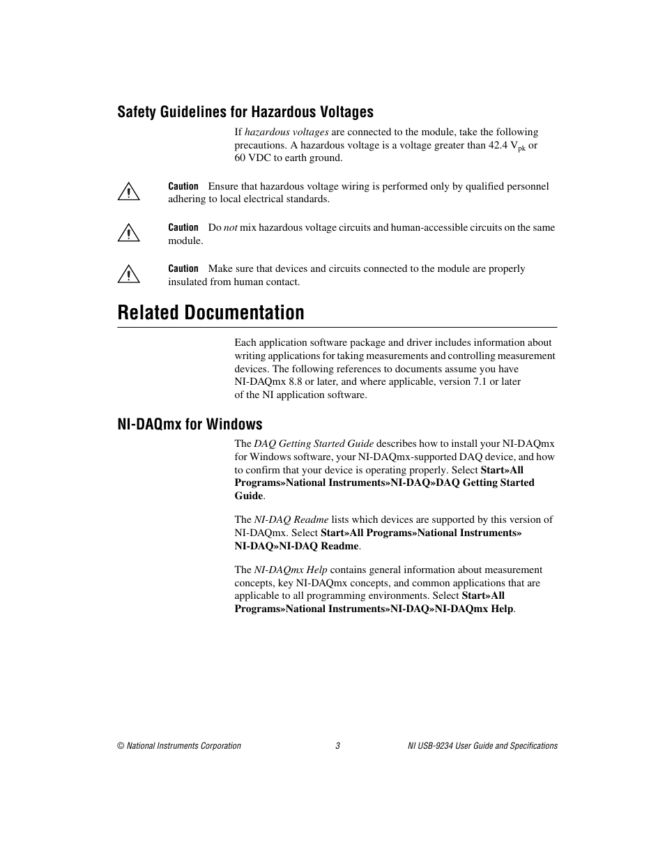Safety guidelines for hazardous voltages, Related documentation, Ni-daqmx for windows | National Instruments NI USB-9234 User Manual | Page 3 / 23