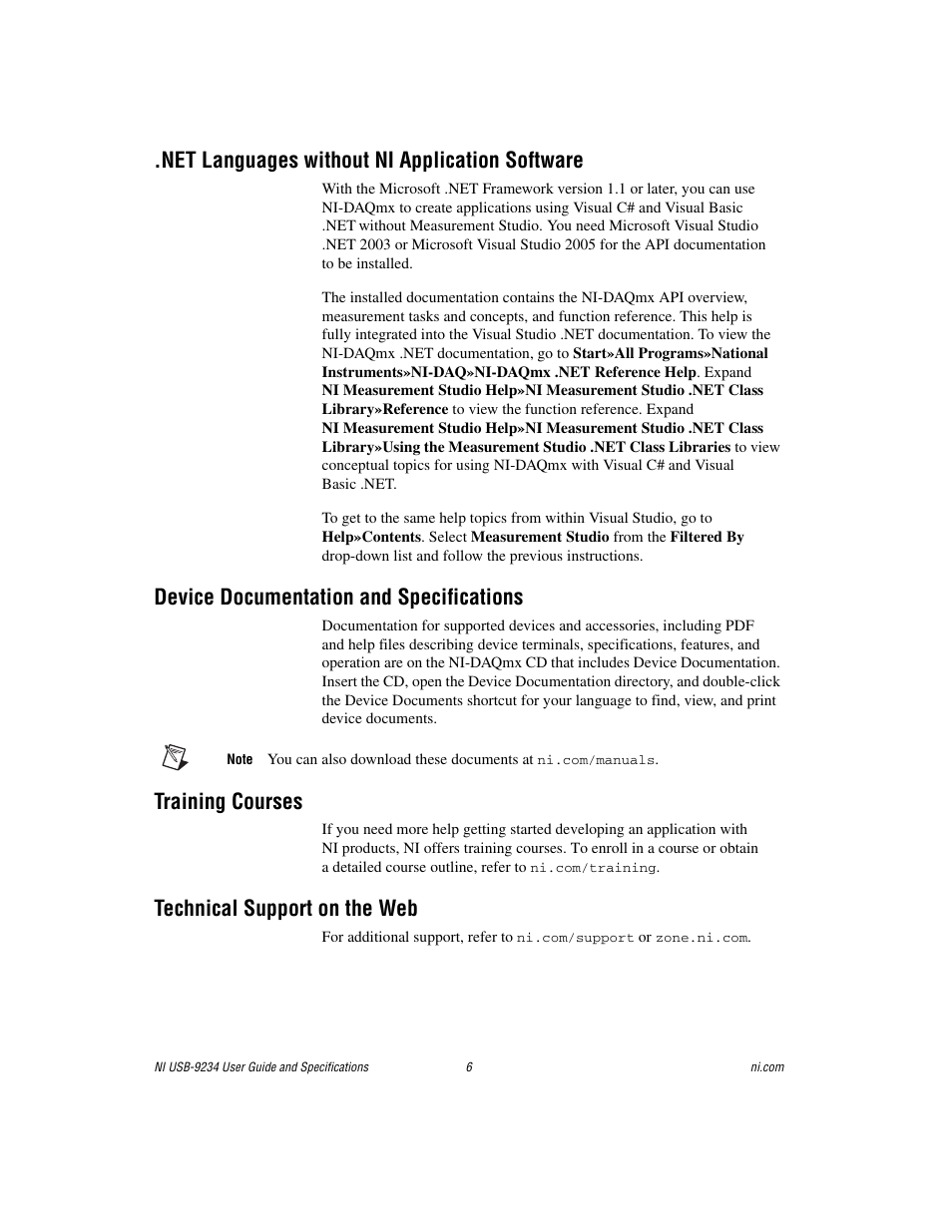 Net languages without ni application software, Device documentation and specifications, Training courses | Technical support on the web | National Instruments NI USB-9234 User Manual | Page 6 / 23