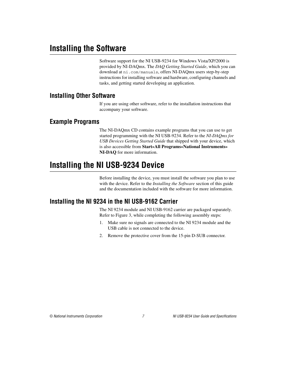 Installing the software, Installing other software, Example programs | Installing the ni usb-9234 device, Installing the ni 9234 in the ni usb-9162 carrier | National Instruments NI USB-9234 User Manual | Page 7 / 23
