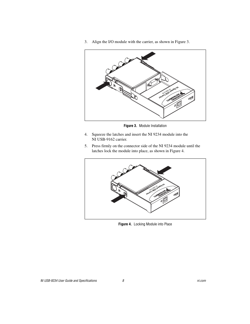 Figure 3. module installation, Figure 4. locking module into place | National Instruments NI USB-9234 User Manual | Page 8 / 23