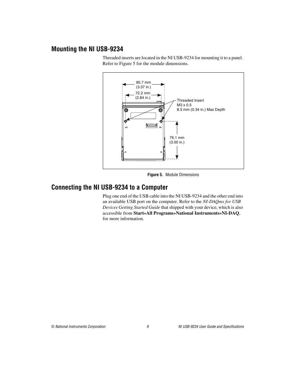 Mounting the ni usb-9234, Figure 5. module dimensions, Connecting the ni usb-9234 to a computer | National Instruments NI USB-9234 User Manual | Page 9 / 23