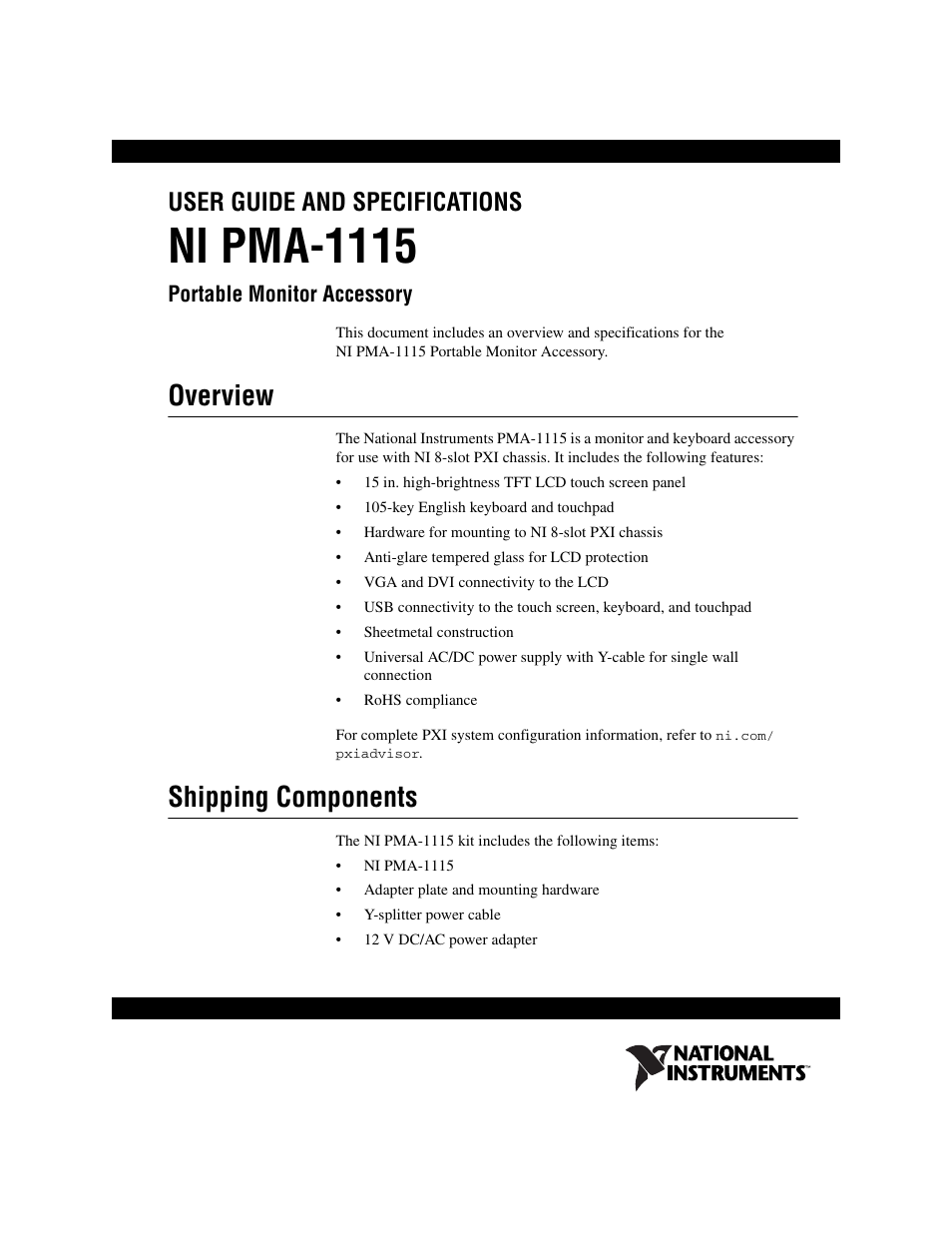National Instruments Portable Monitor Accessory NI PMA-1115 User Manual | 15 pages