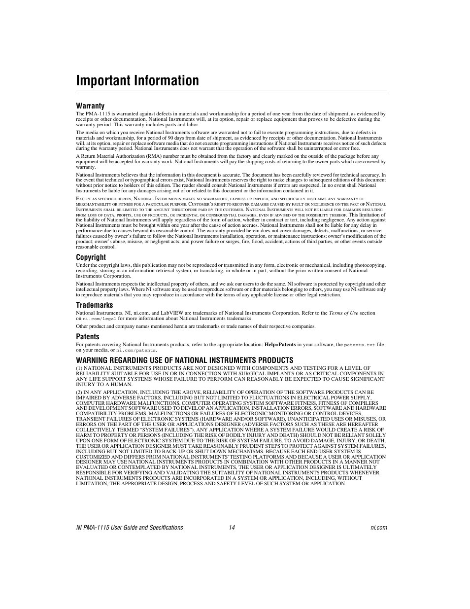 Important information, Warranty, Copyright | Trademarks, Patents | National Instruments Portable Monitor Accessory NI PMA-1115 User Manual | Page 14 / 15