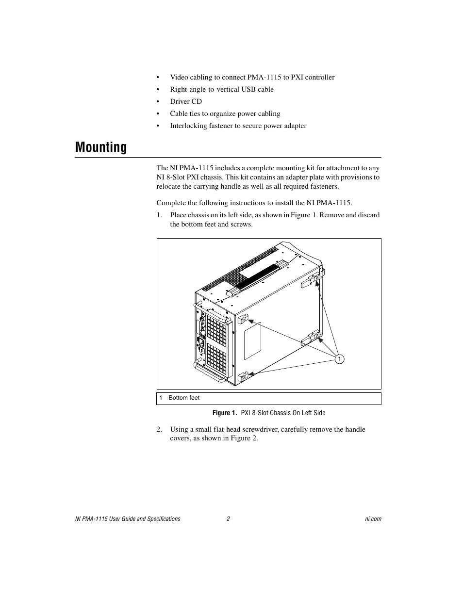 Mounting, Figure 1. pxi 8-slot chassis on left side | National Instruments Portable Monitor Accessory NI PMA-1115 User Manual | Page 2 / 15