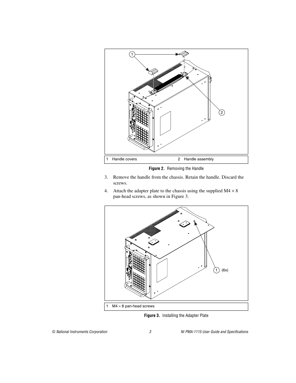 Figure 2. removing the handle, Figure 3. installing the adapter plate | National Instruments Portable Monitor Accessory NI PMA-1115 User Manual | Page 3 / 15