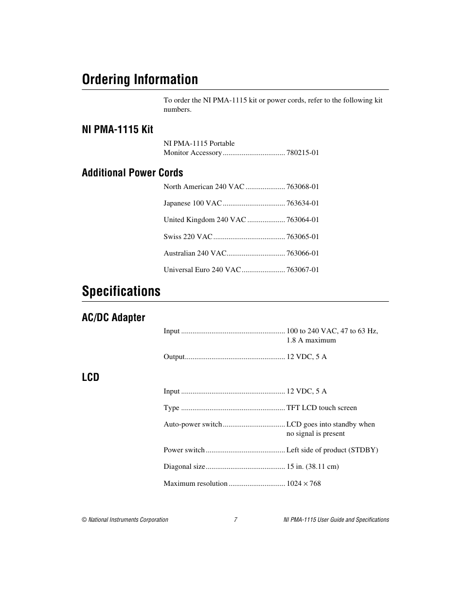 Ordering information, Ni pma-1115 kit, Additional power cords | Specifications, Ac/dc adapter | National Instruments Portable Monitor Accessory NI PMA-1115 User Manual | Page 7 / 15