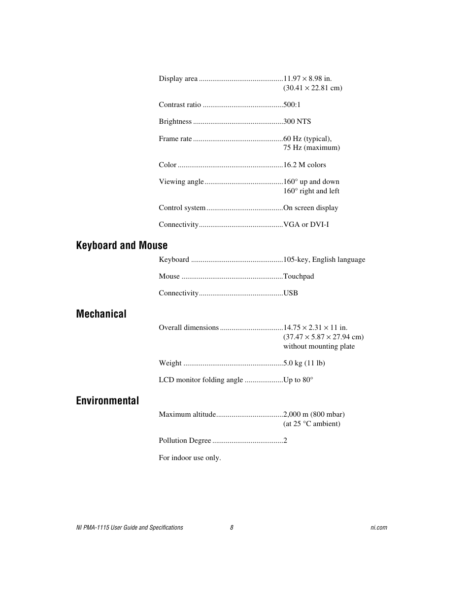 Keyboard and mouse, Mechanical, Environmental | National Instruments Portable Monitor Accessory NI PMA-1115 User Manual | Page 8 / 15