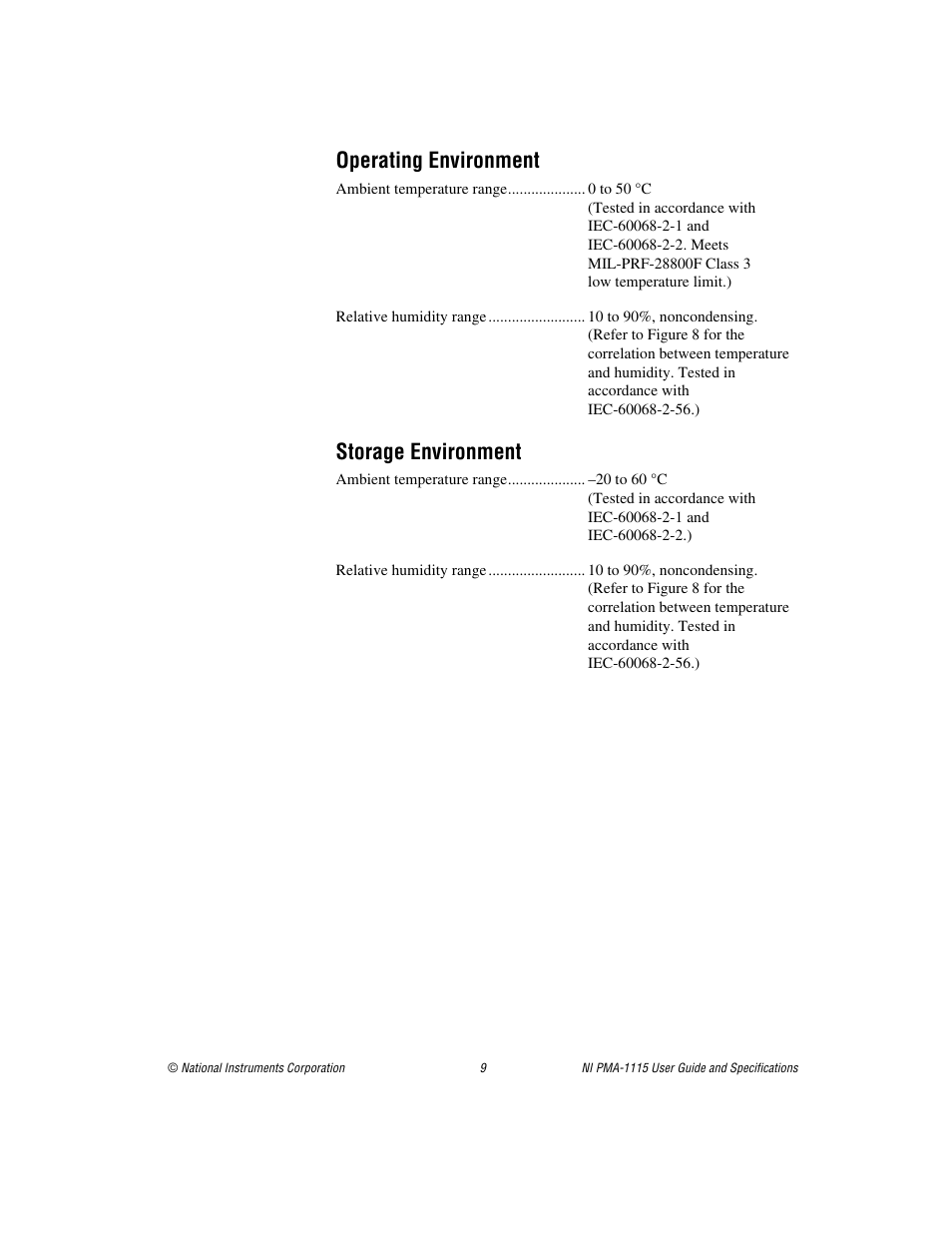 Operating environment, Storage environment | National Instruments Portable Monitor Accessory NI PMA-1115 User Manual | Page 9 / 15