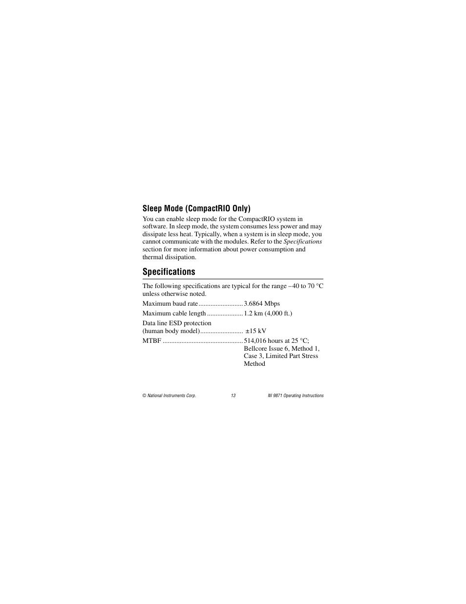 Sleep mode (compactrio only), Specifications | National Instruments RS485 User Manual | Page 13 / 24