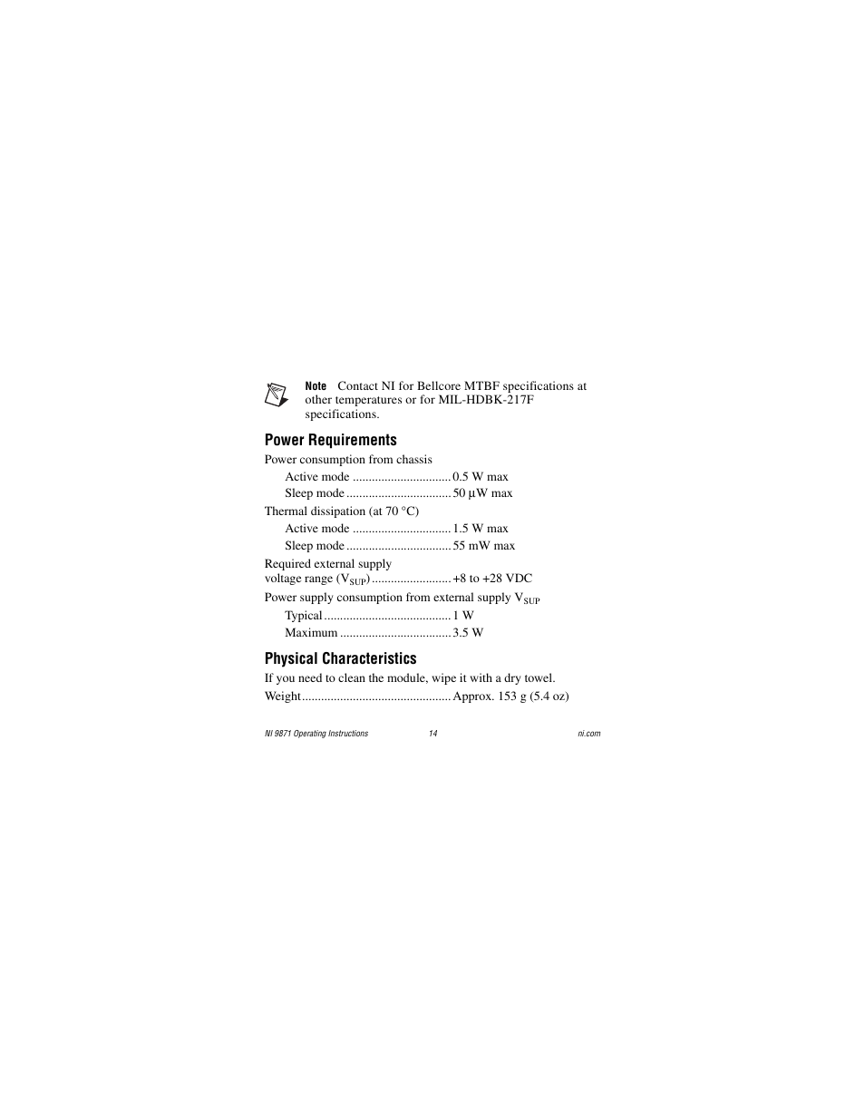 Power requirements, Physical characteristics | National Instruments RS485 User Manual | Page 14 / 24