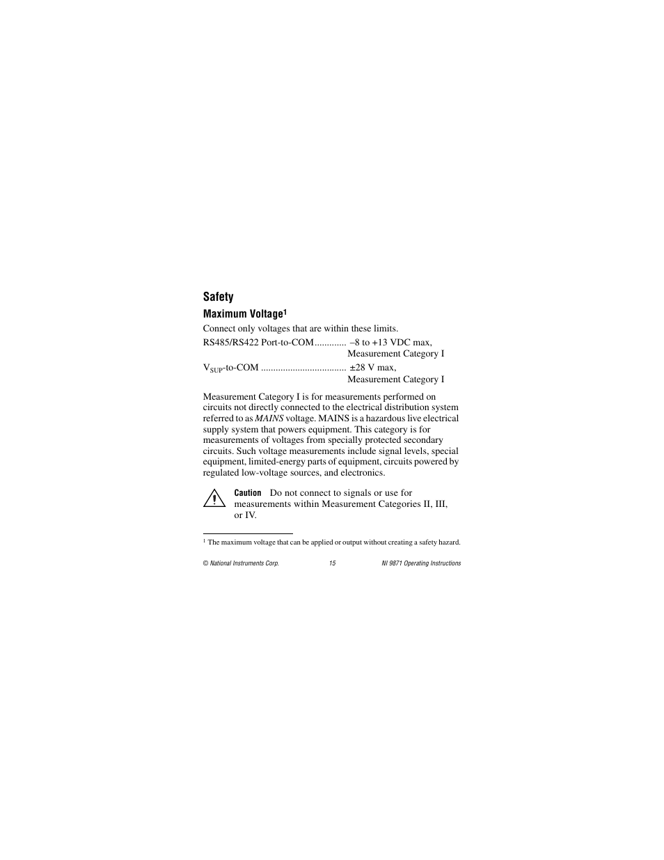 Safety, Maximum voltage | National Instruments RS485 User Manual | Page 15 / 24