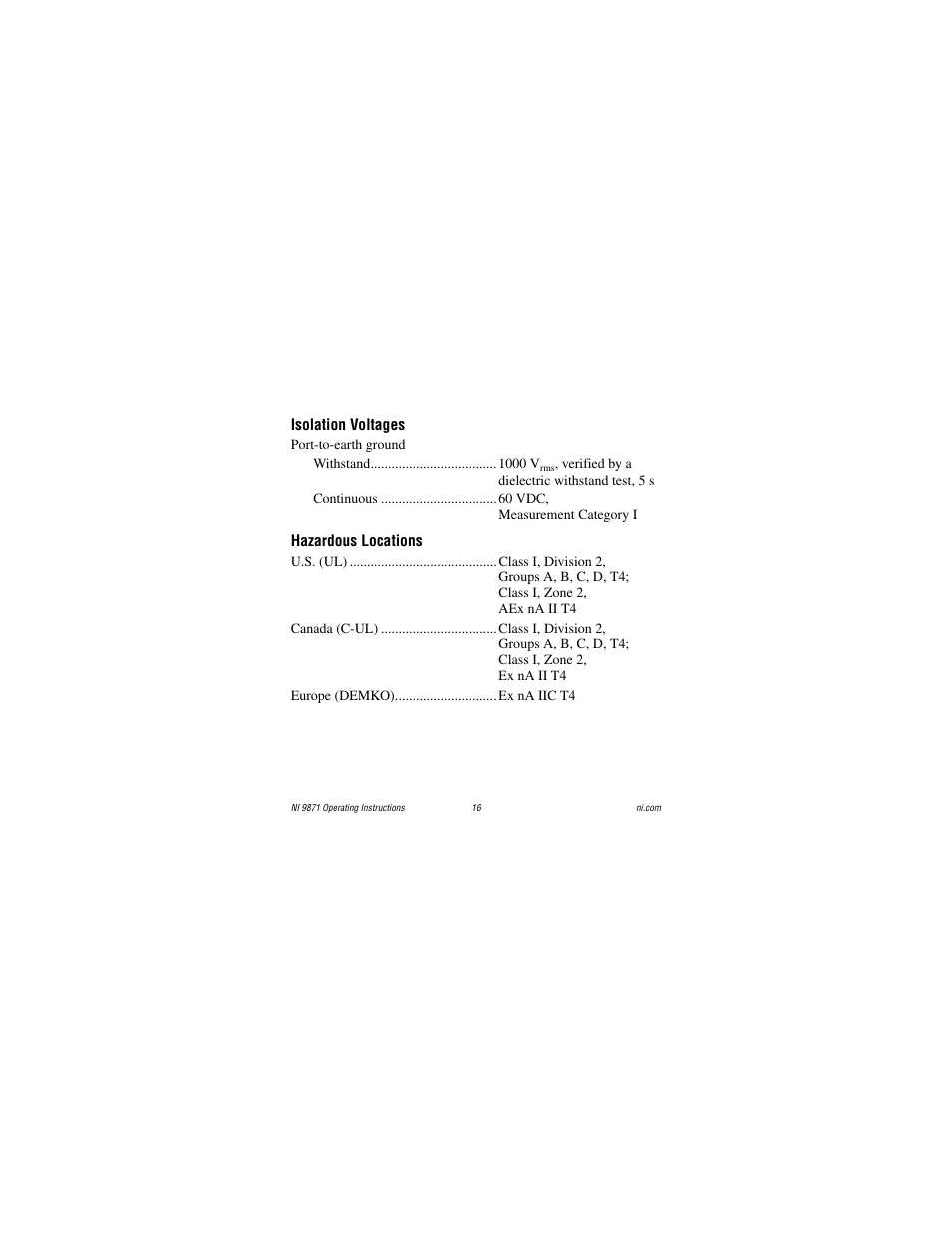 Isolation voltages, Hazardous locations | National Instruments RS485 User Manual | Page 16 / 24