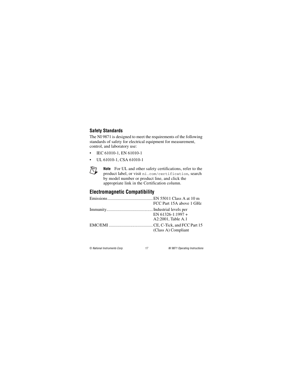 Safety standards, Electromagnetic compatibility | National Instruments RS485 User Manual | Page 17 / 24