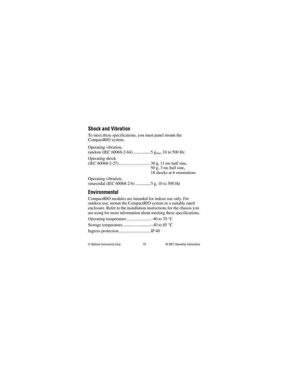 Shock and vibration, Environmental | National Instruments RS485 User Manual | Page 19 / 24
