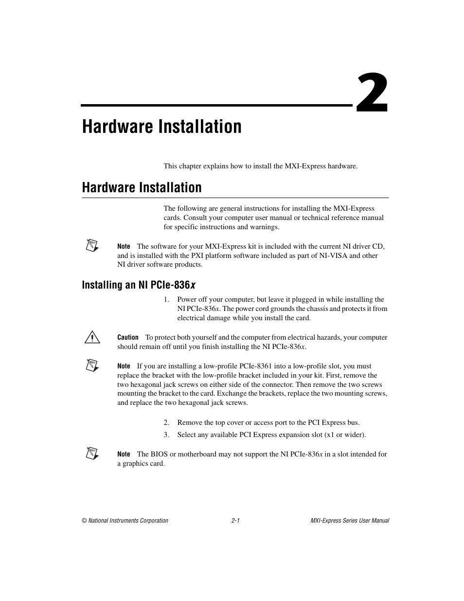 Chapter 2 hardware installation, Hardware installation, Installing an ni pcie-836x | Hardware installation -1, Installing an ni pcie-836 x -1 | National Instruments Multisystem eXtension Interface NI PXI-8360 User Manual | Page 12 / 37