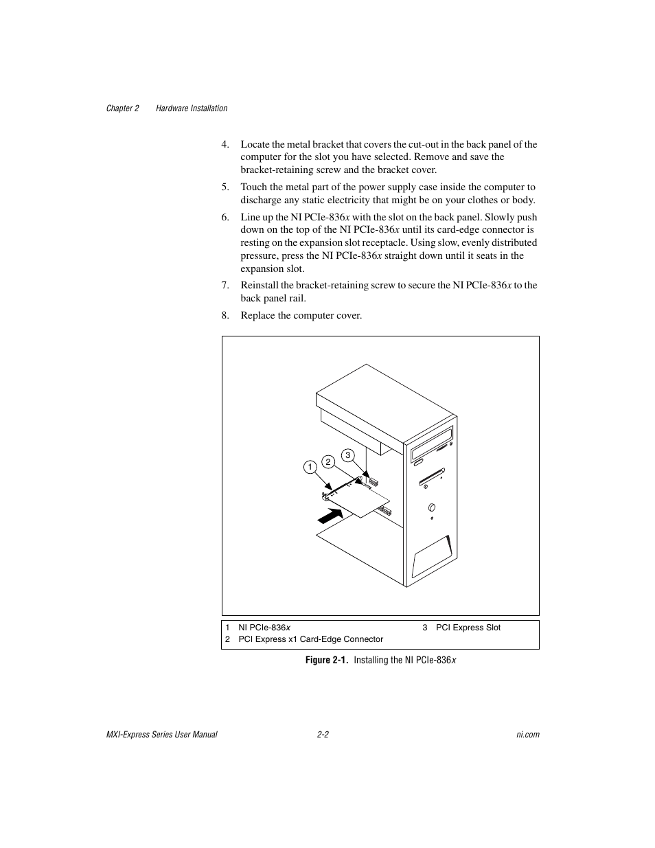 Figure 2-1. installing the ni pcie-836x | National Instruments Multisystem eXtension Interface NI PXI-8360 User Manual | Page 13 / 37