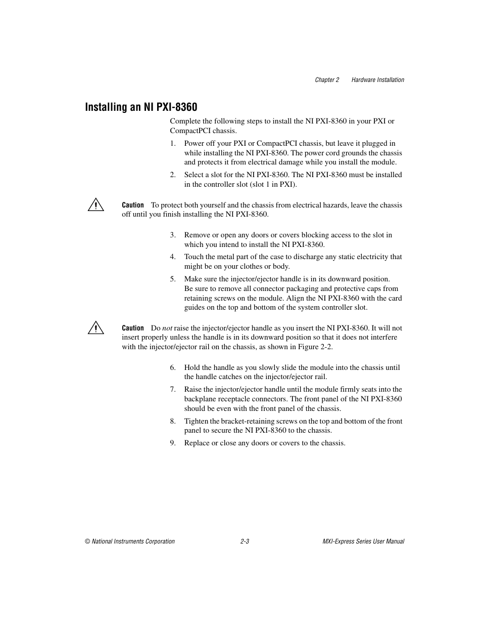Installing an ni pxi-8360, Installing an ni pxi-8360 -3 | National Instruments Multisystem eXtension Interface NI PXI-8360 User Manual | Page 14 / 37