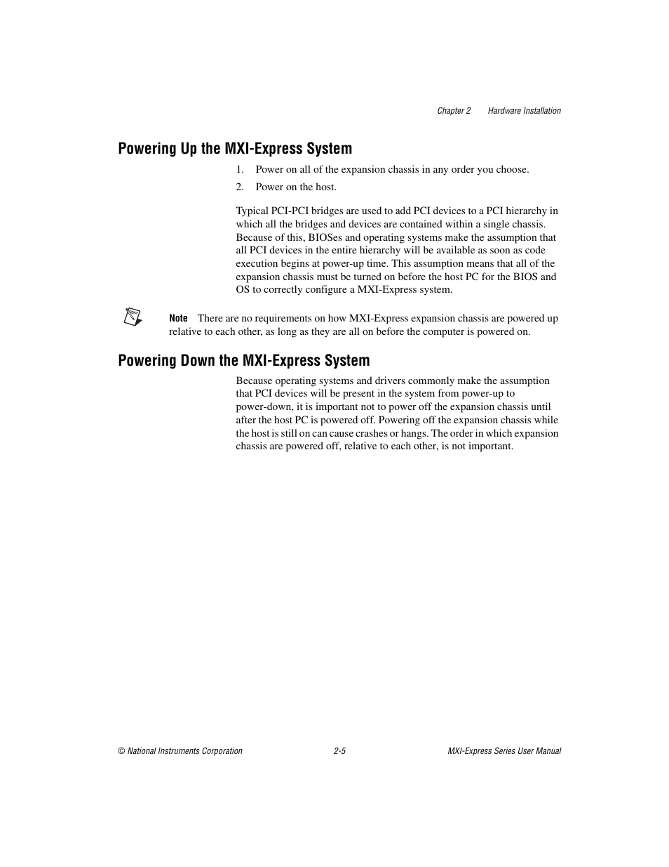 Powering up the mxi-express system, Powering down the mxi-express system | National Instruments Multisystem eXtension Interface NI PXI-8360 User Manual | Page 16 / 37