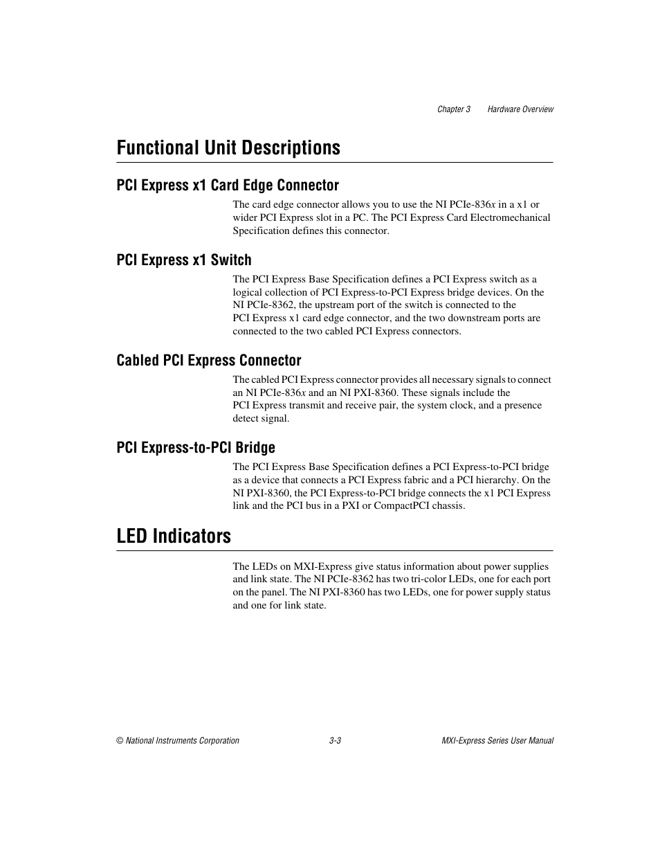 Functional unit descriptions, Pci express x1 card edge connector, Pci express x1 switch | Cabled pci express connector, Pci express-to-pci bridge, Led indicators, Functional unit descriptions -3, Led indicators -3 | National Instruments Multisystem eXtension Interface NI PXI-8360 User Manual | Page 19 / 37