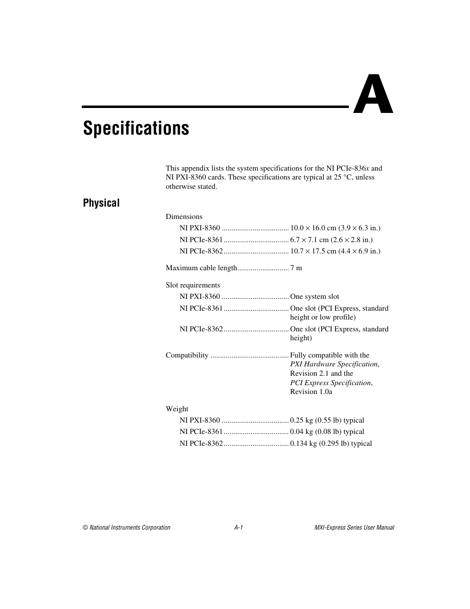 Appendix a specifications, Specifications | National Instruments Multisystem eXtension Interface NI PXI-8360 User Manual | Page 21 / 37