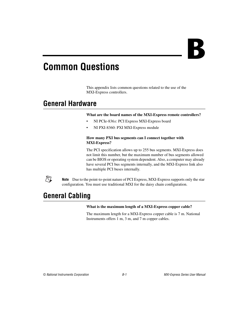 Appendix b common questions, Common questions, General hardware | General cabling | National Instruments Multisystem eXtension Interface NI PXI-8360 User Manual | Page 26 / 37