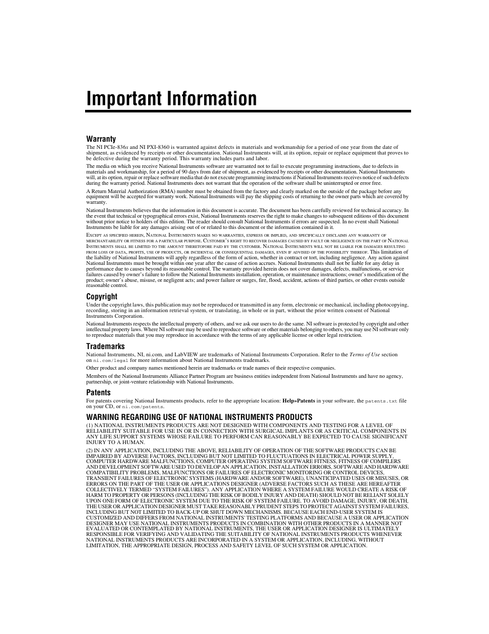 Important information, Warranty, Copyright | Trademarks, Patents | National Instruments Multisystem eXtension Interface NI PXI-8360 User Manual | Page 3 / 37