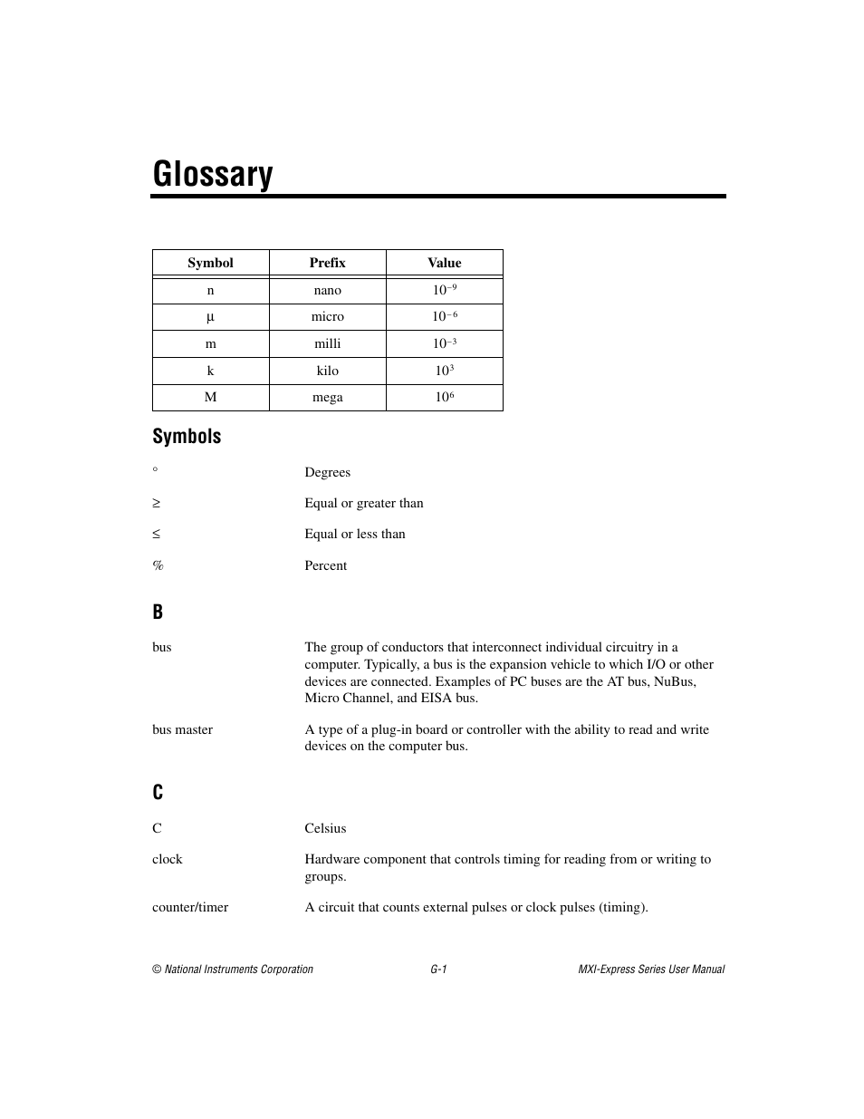 Glossary, Symbols | National Instruments Multisystem eXtension Interface NI PXI-8360 User Manual | Page 32 / 37