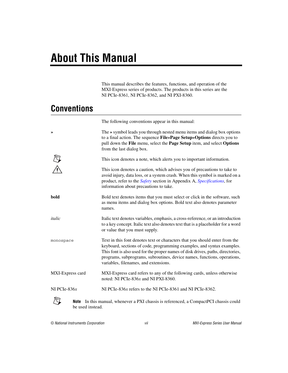About this manual, Conventions | National Instruments Multisystem eXtension Interface NI PXI-8360 User Manual | Page 6 / 37