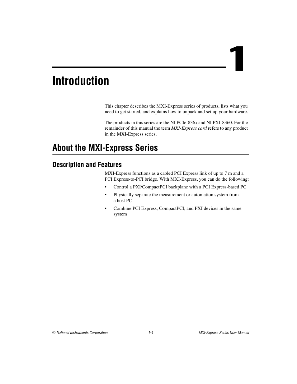 Chapter 1 introduction, About the mxi-express series, Description and features | About the mxi-express series -1, Description and features -1, Introduction | National Instruments Multisystem eXtension Interface NI PXI-8360 User Manual | Page 8 / 37