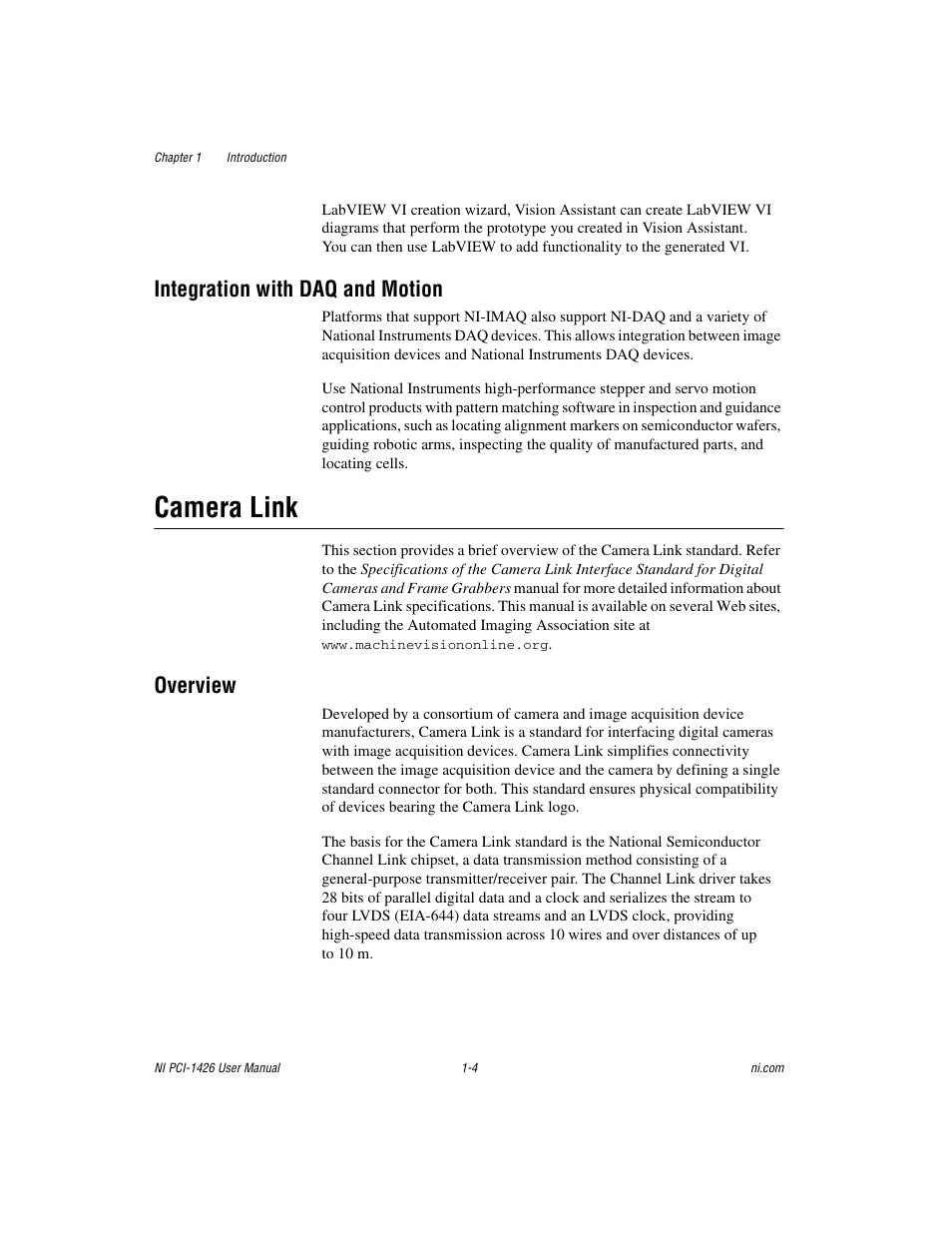 Integration with daq and motion, Camera link, Overview | Integration with daq and motion -4, Camera link -4, Overview -4 | National Instruments Interface Device NI PCI-1426 User Manual | Page 11 / 35