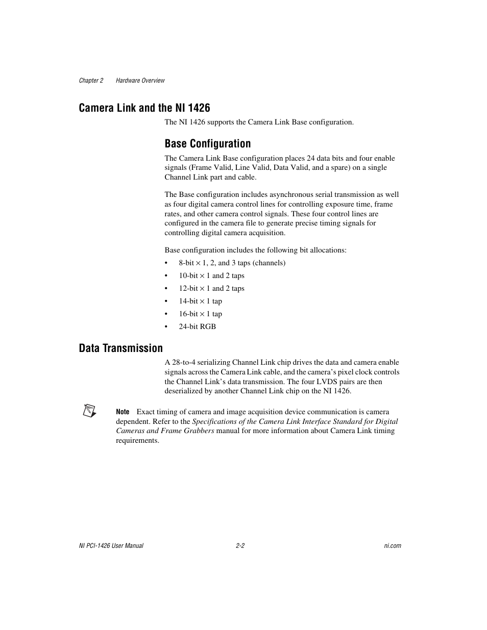 Camera link and the ni 1426, Base configuration, Data transmission | Camera link and the ni 1426 -2, Base configuration -2, Data transmission -2, To the, Camera link and the, Ni 1426 | National Instruments Interface Device NI PCI-1426 User Manual | Page 13 / 35