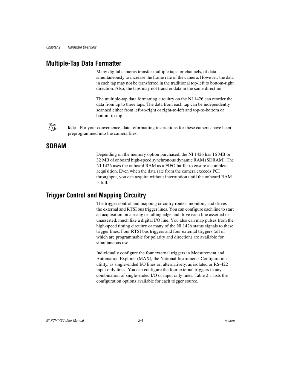 Multiple-tap data formatter, Sdram, Trigger control and mapping circuitry | National Instruments Interface Device NI PCI-1426 User Manual | Page 15 / 35