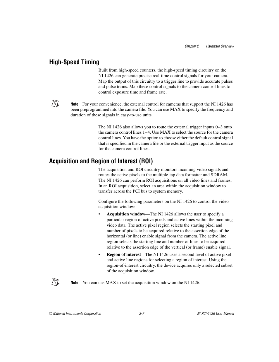 High-speed timing, Acquisition and region of interest (roi) | National Instruments Interface Device NI PCI-1426 User Manual | Page 18 / 35