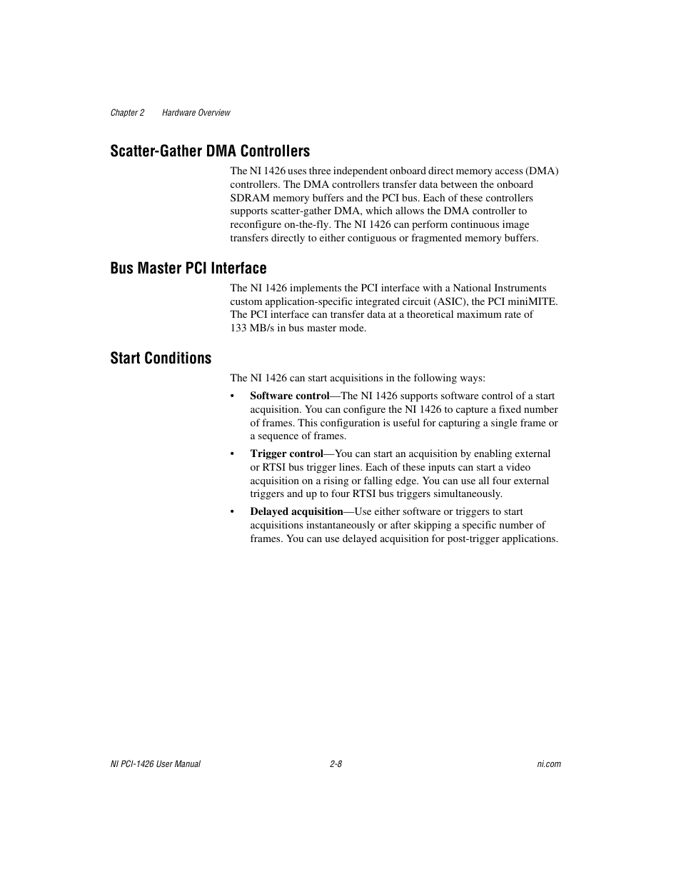 Scatter-gather dma controllers, Bus master pci interface, Start conditions | National Instruments Interface Device NI PCI-1426 User Manual | Page 19 / 35