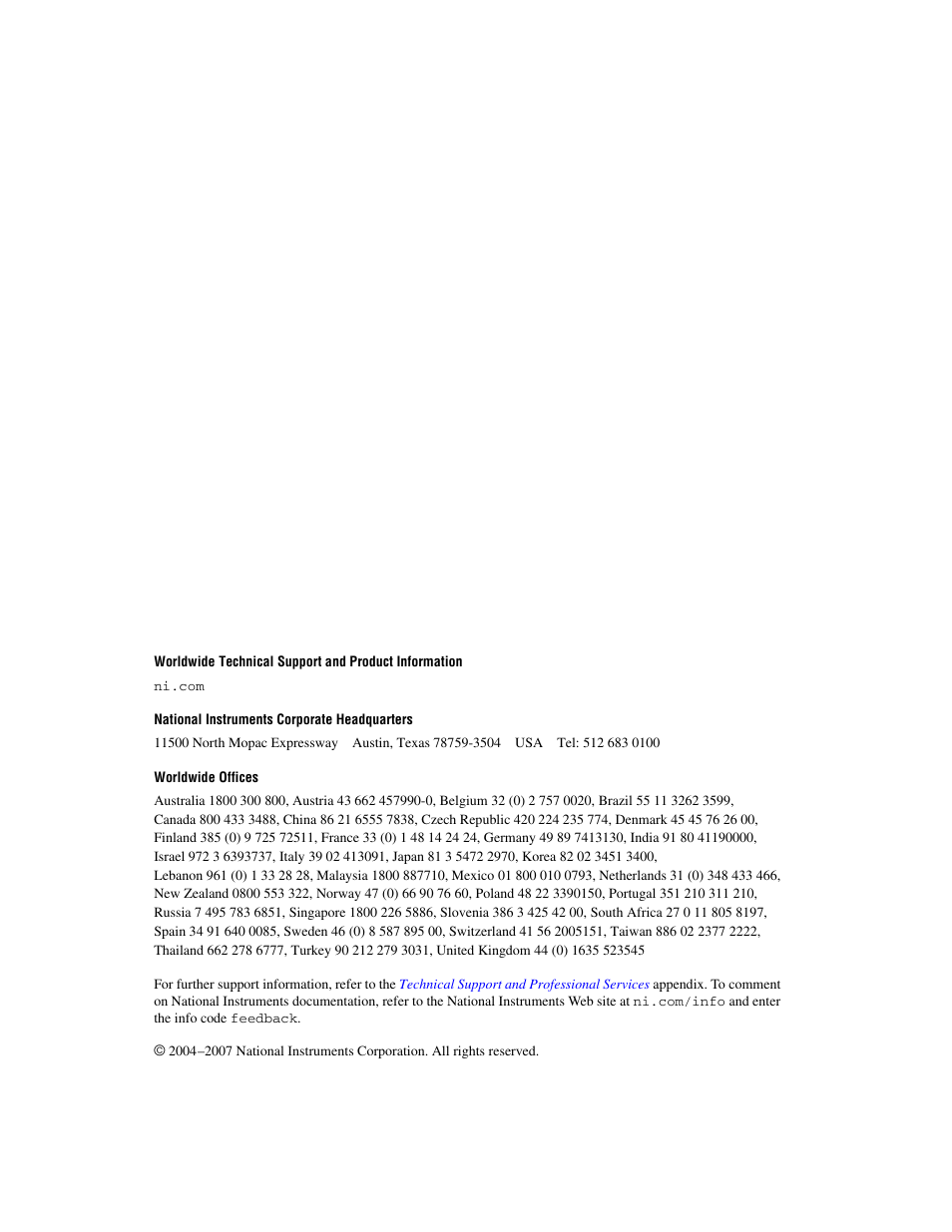 Support, National instruments corporate headquarters, Worldwide offices | National Instruments Interface Device NI PCI-1426 User Manual | Page 2 / 35