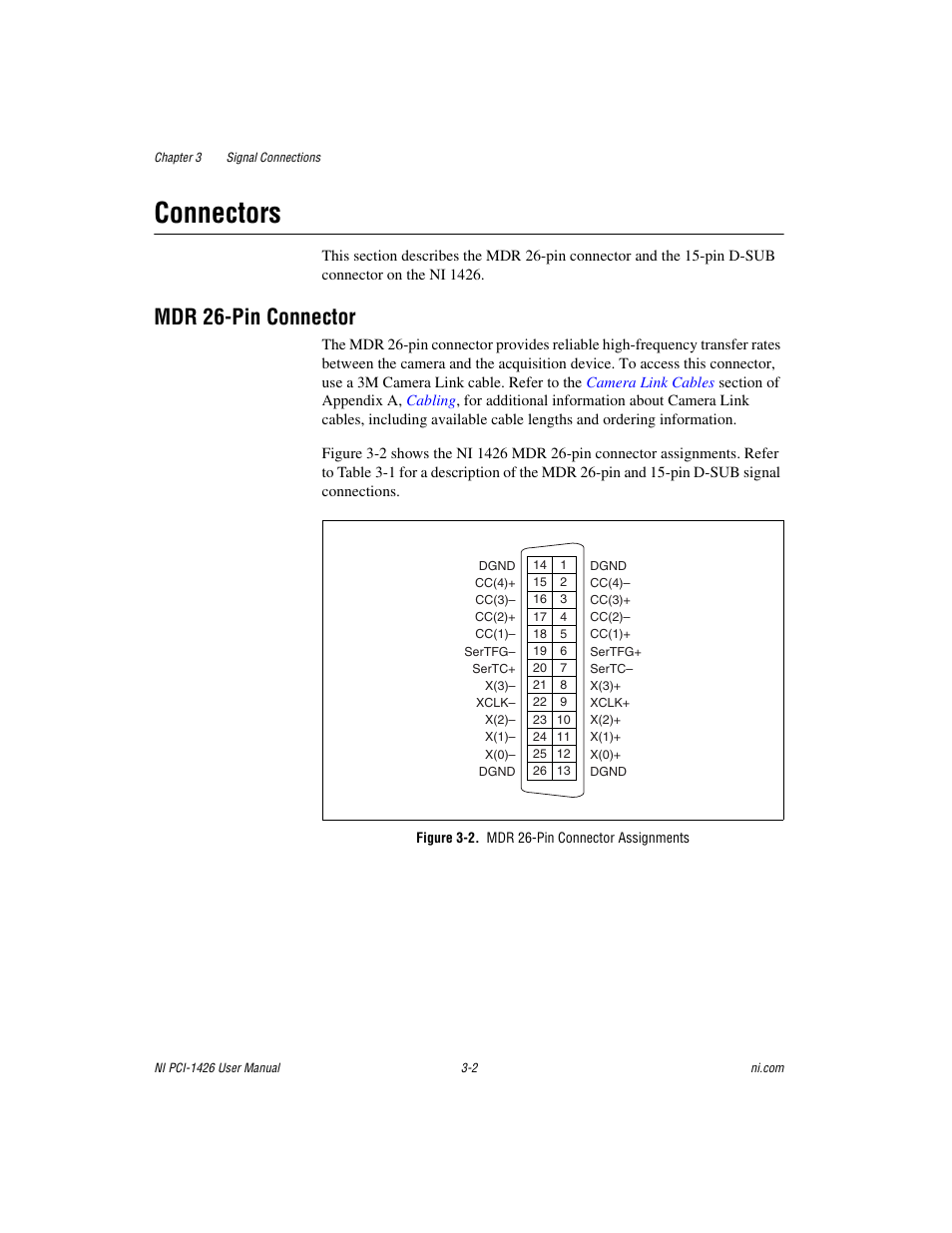 Connectors, Mdr 26-pin connector, Figure 3-2. mdr 26-pin connector assignments | Connectors -2, Mdr 26-pin connector -2 | National Instruments Interface Device NI PCI-1426 User Manual | Page 22 / 35