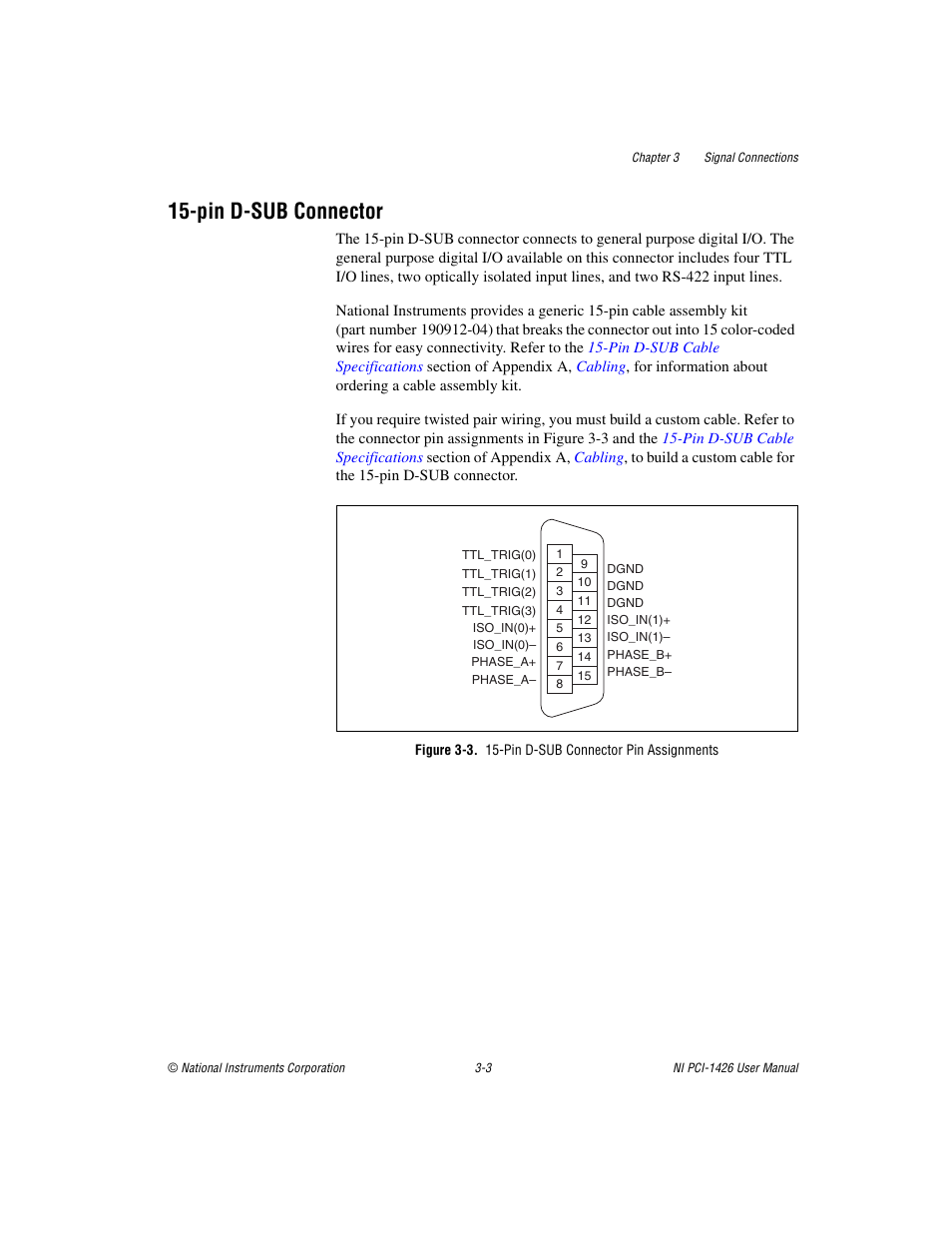 Pin d-sub connector, Figure 3-3. 15-pin d-sub connector pin assignments, Pin d-sub connector -3 | National Instruments Interface Device NI PCI-1426 User Manual | Page 23 / 35