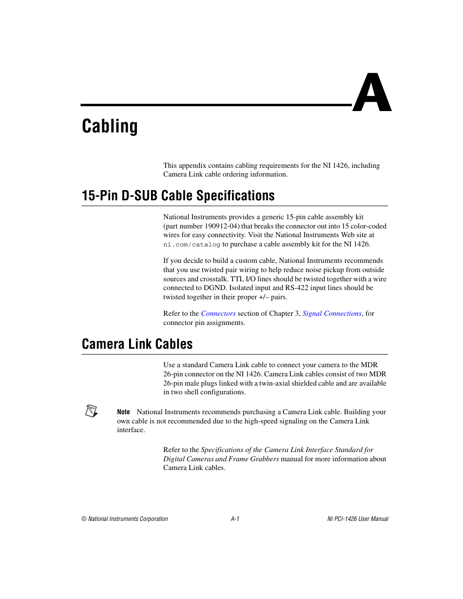 Appendix a cabling, Cable. refer to the, Camera link cables | Cabling, Pin d-sub cable, Specifications, Ix a, D the, Pin d-sub cable specifications | National Instruments Interface Device NI PCI-1426 User Manual | Page 25 / 35