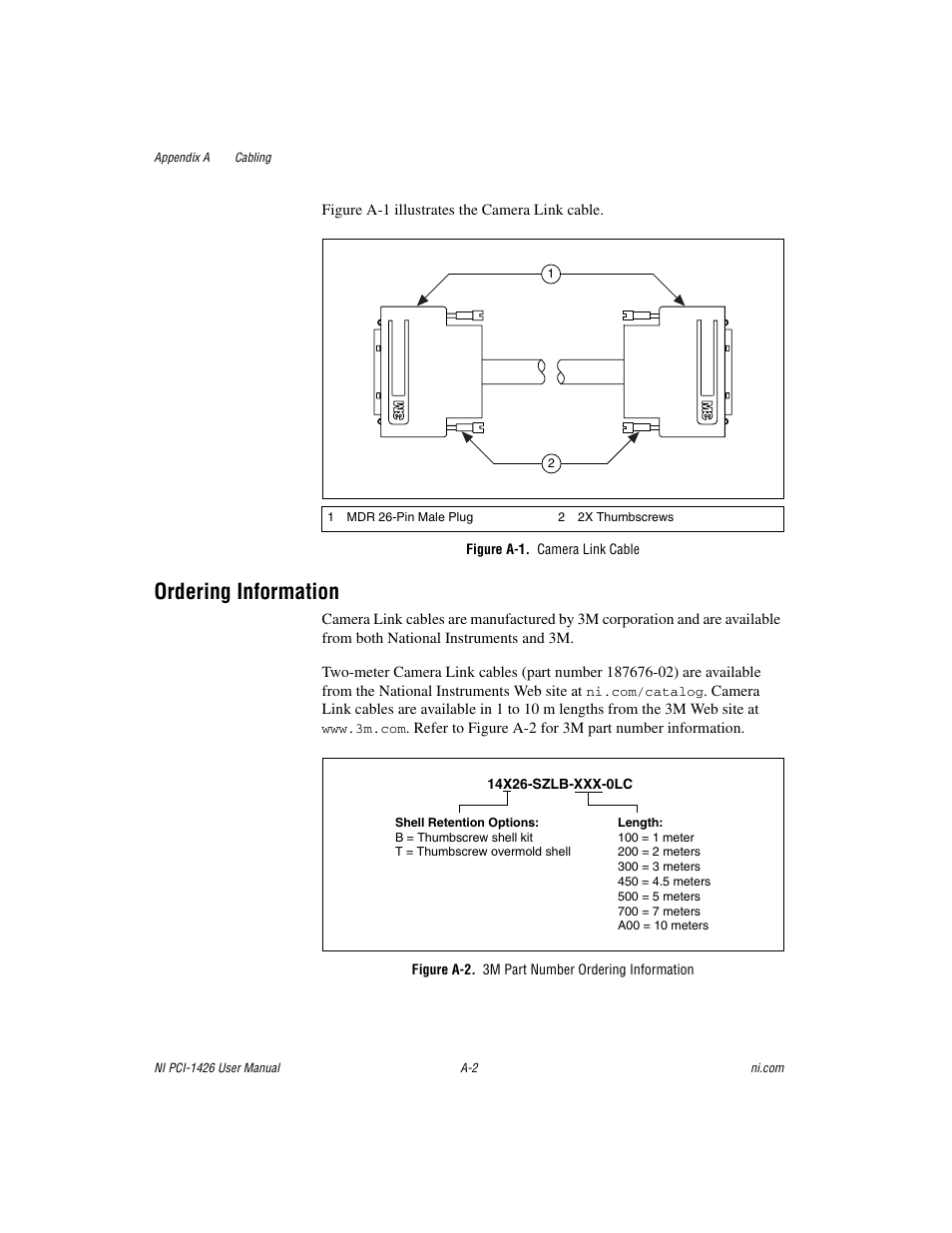 Figure a-1. camera link cable, Figure a-2. 3m part number ordering information, Ordering information | National Instruments Interface Device NI PCI-1426 User Manual | Page 26 / 35