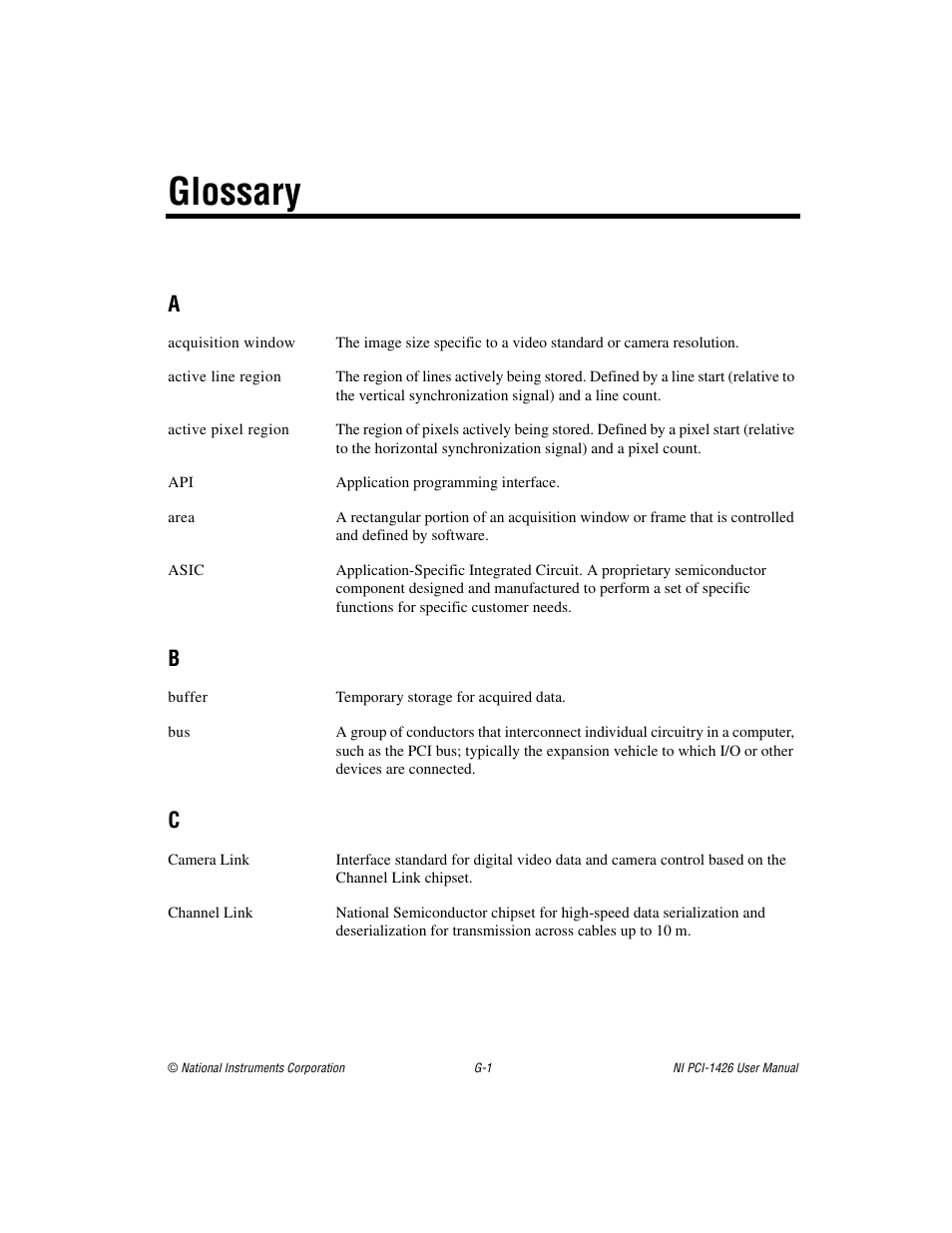 Glossary | National Instruments Interface Device NI PCI-1426 User Manual | Page 29 / 35